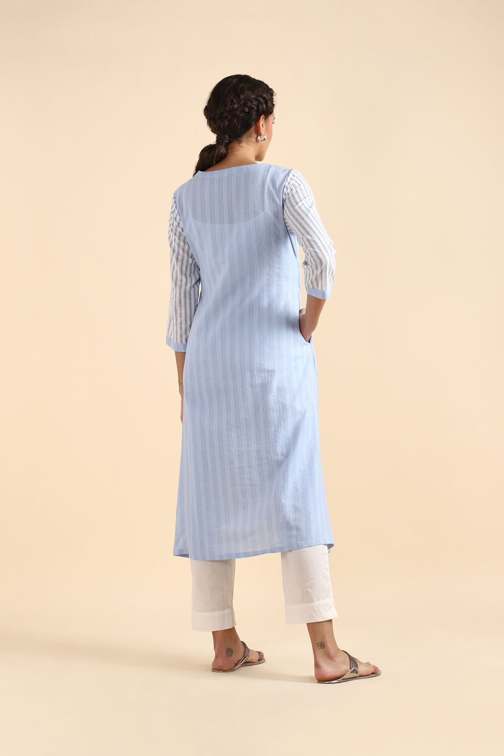 Light Blue Cotton Striped woven Kurta image number null
