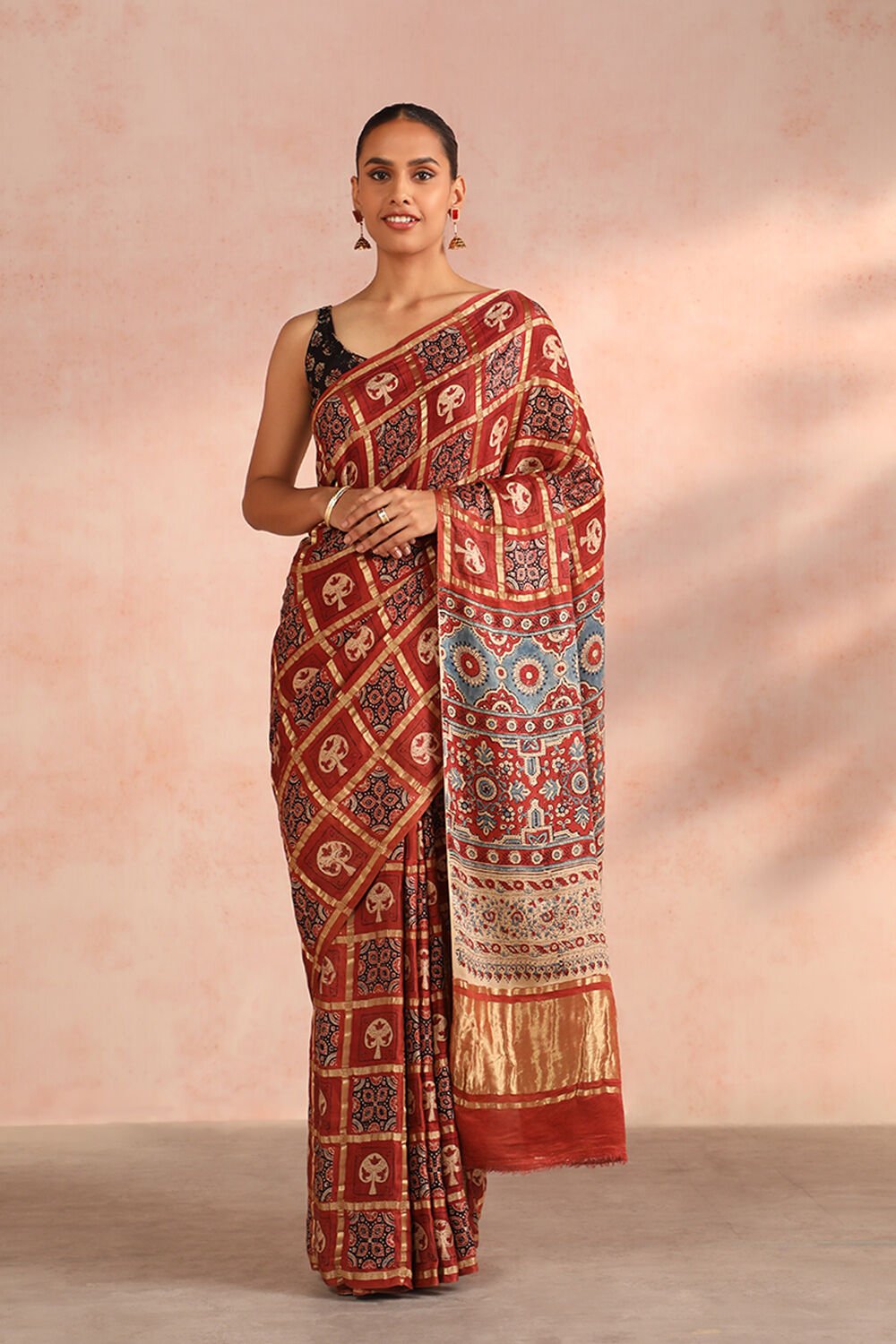 Red Gujarat Pure Silk Ajrakh Block Print Saree image number null
