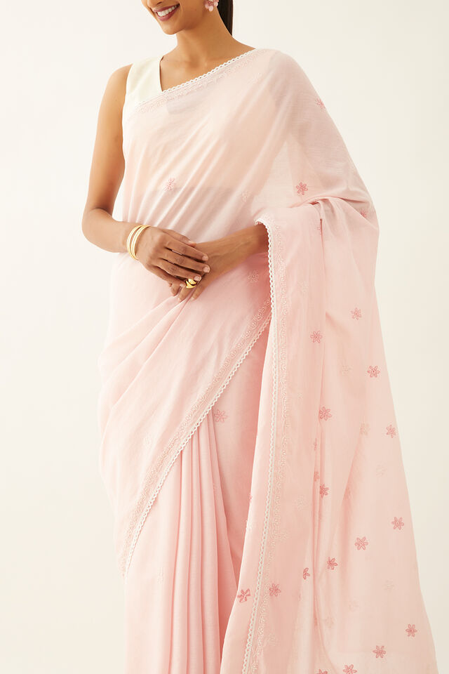 Pink Pure Cotton Chikankari Saree