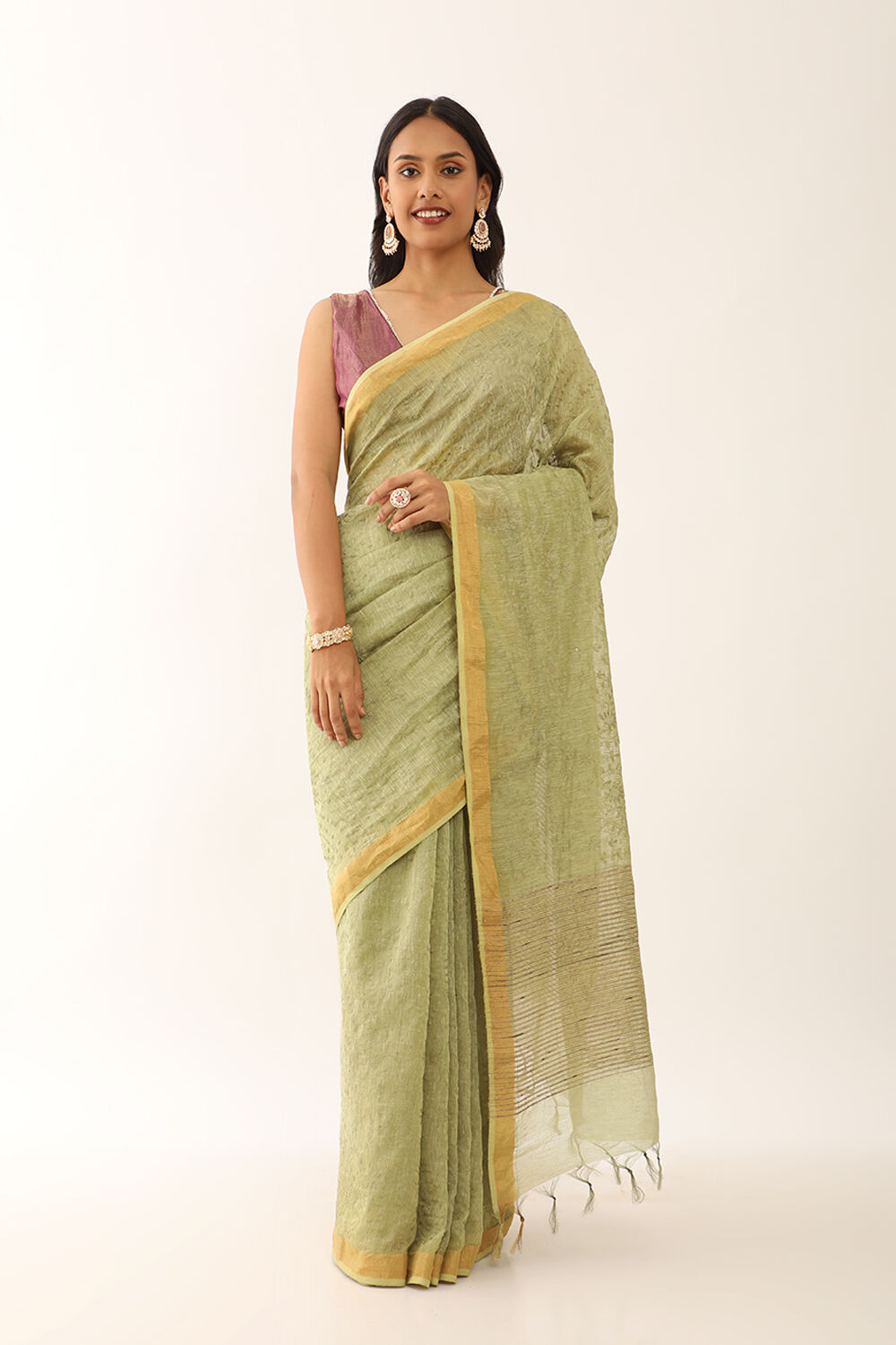 Light Green Bhagalpur Pure Silk Linen Embroidered Saree image number null