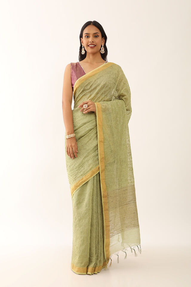 Light Green Bhagalpur Pure Silk Linen Embroidered Saree