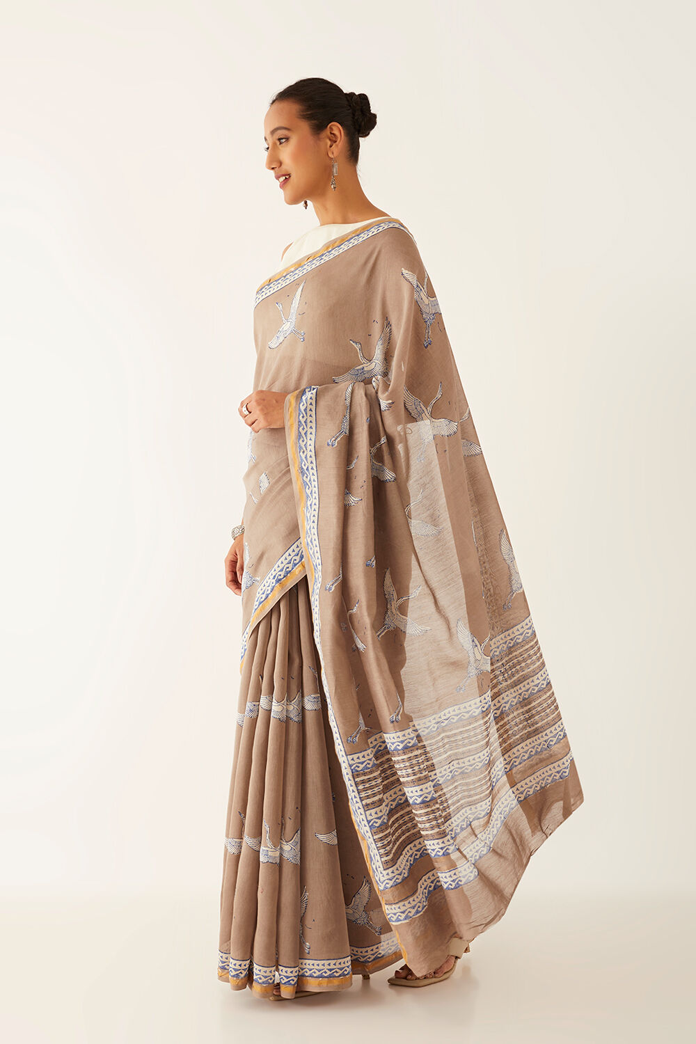 Grey Pure Silk Cotton Bagru Block Printed Saree image number null