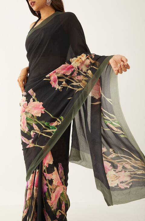 Black Viscose Crepe Digital Print Saree