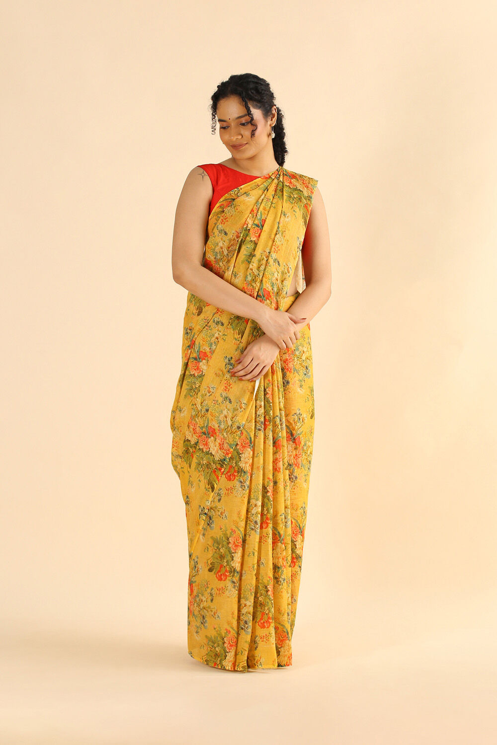 Yellow Pure Linen Digital Printed Saree image number null