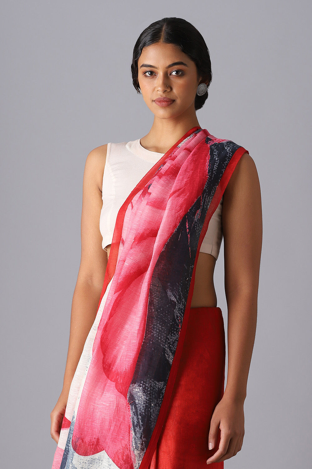 Red Pure Silk Linen Printed Saree image number null