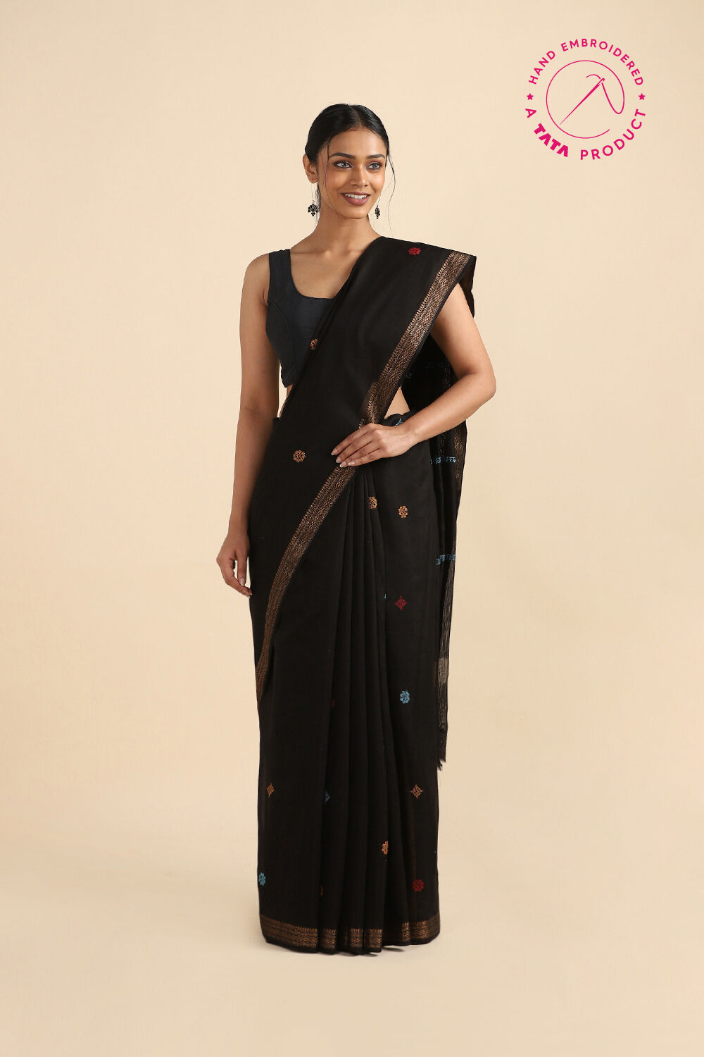 Black Pure Silk Cotton Embroidered Saree image number null