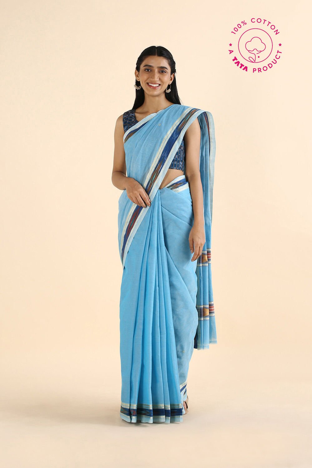Blue Pure Cotton Pochampalli Ikat Saree image number null
