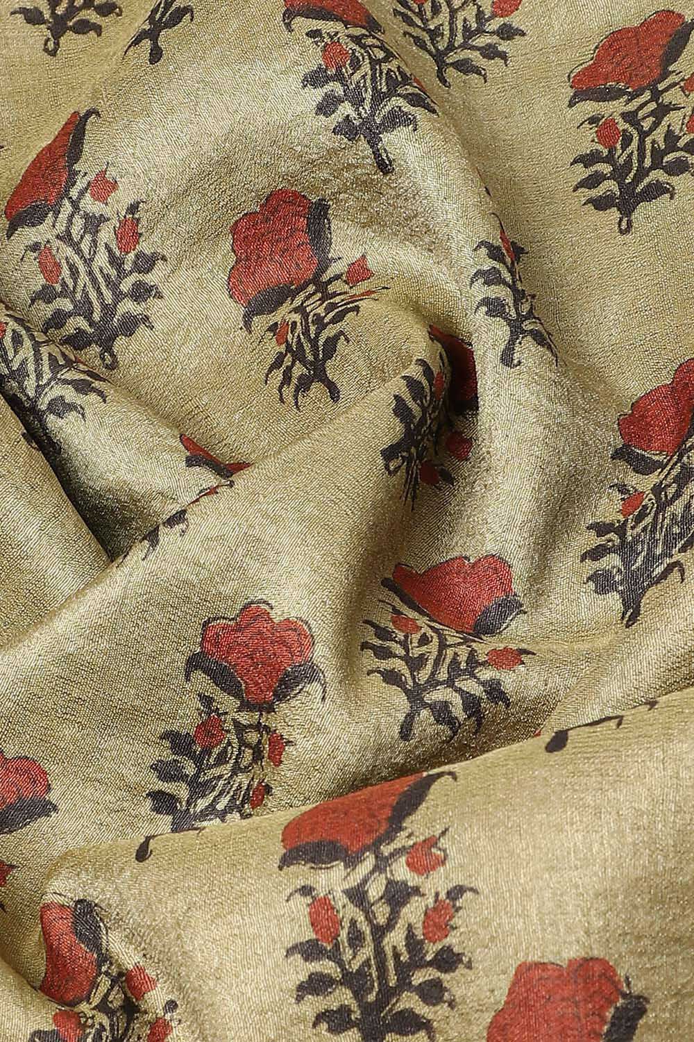 Green Pure Silk Tussar Bagru Print and Zardosi Embroidered Saree image number null
