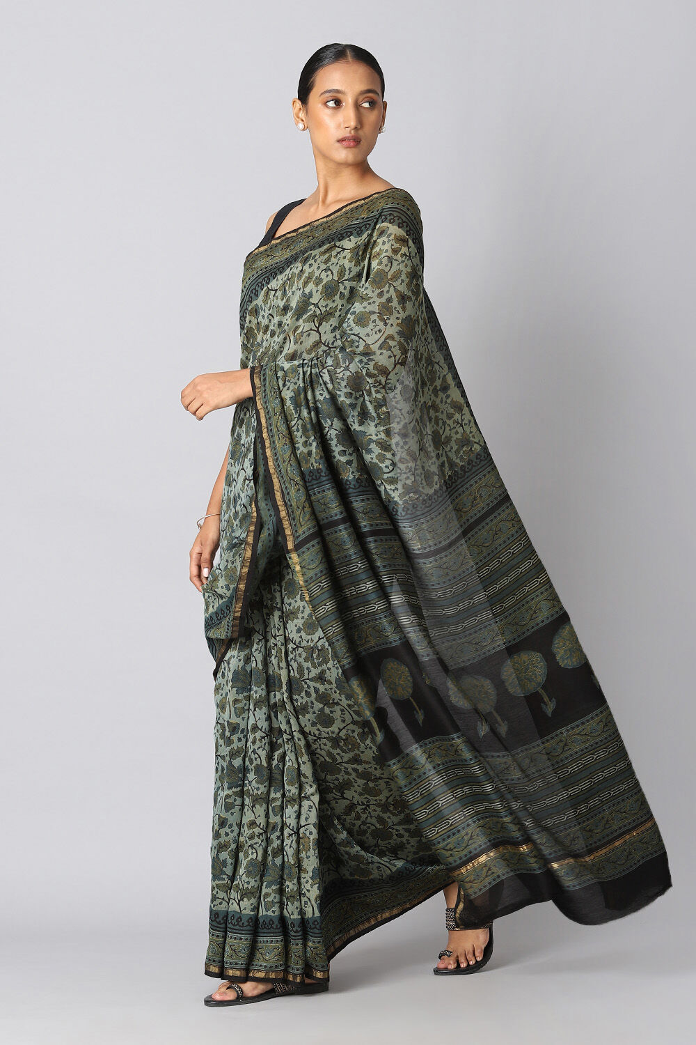 Dark Green Pure Silk Cotton Bagru Printed Saree image number null