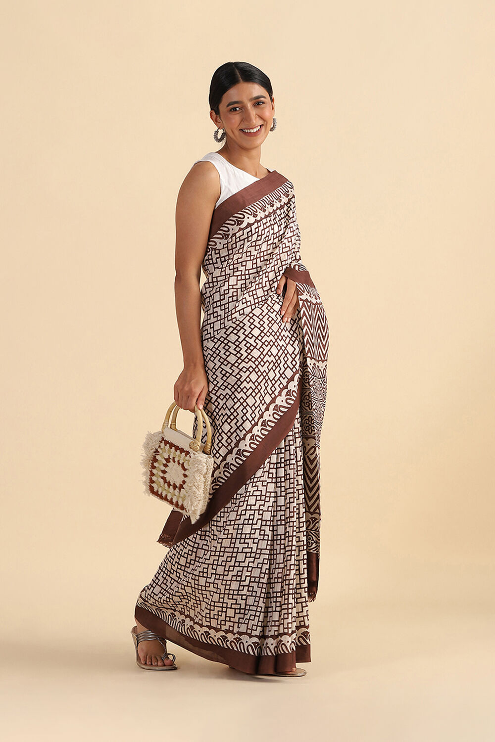 Off White Hand Blockprinted Pure Silk Saree image number null