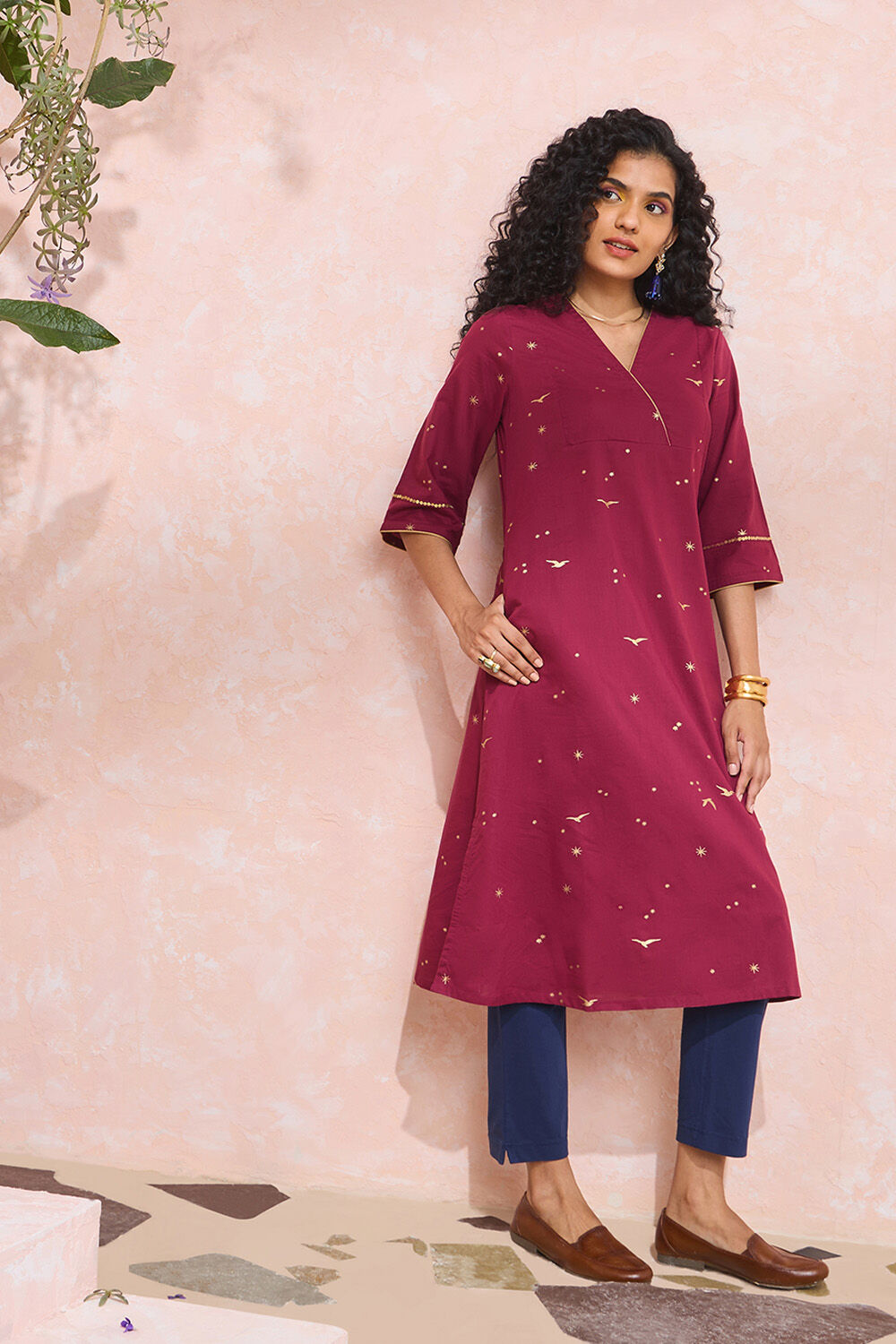 Dark Pink Screen Printed Pure Cotton Kurta image number null