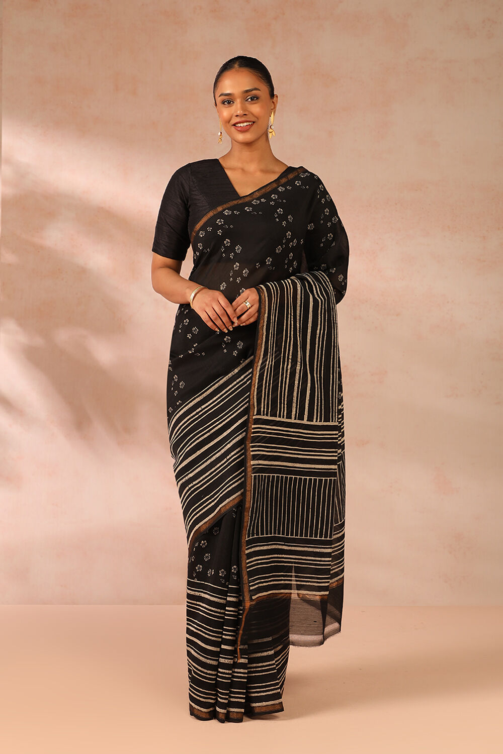 Black Block Printed Pure Silk Cotton Chanderi Saree image number null