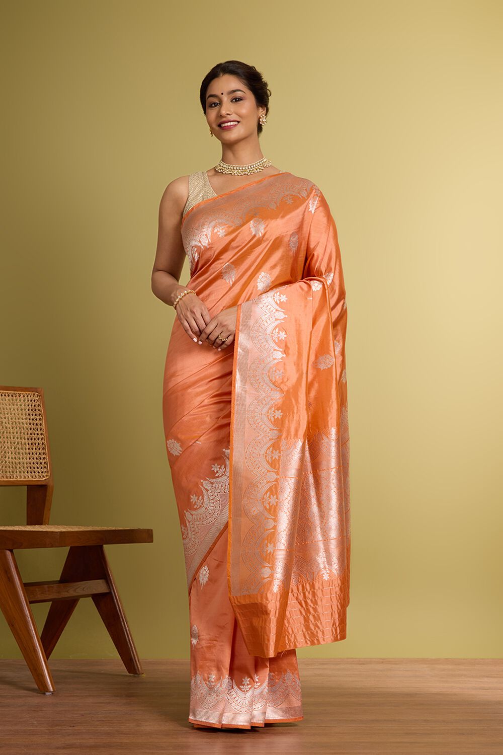 Light Orange Pure Silk Kadwa Banarasi Saree image number null