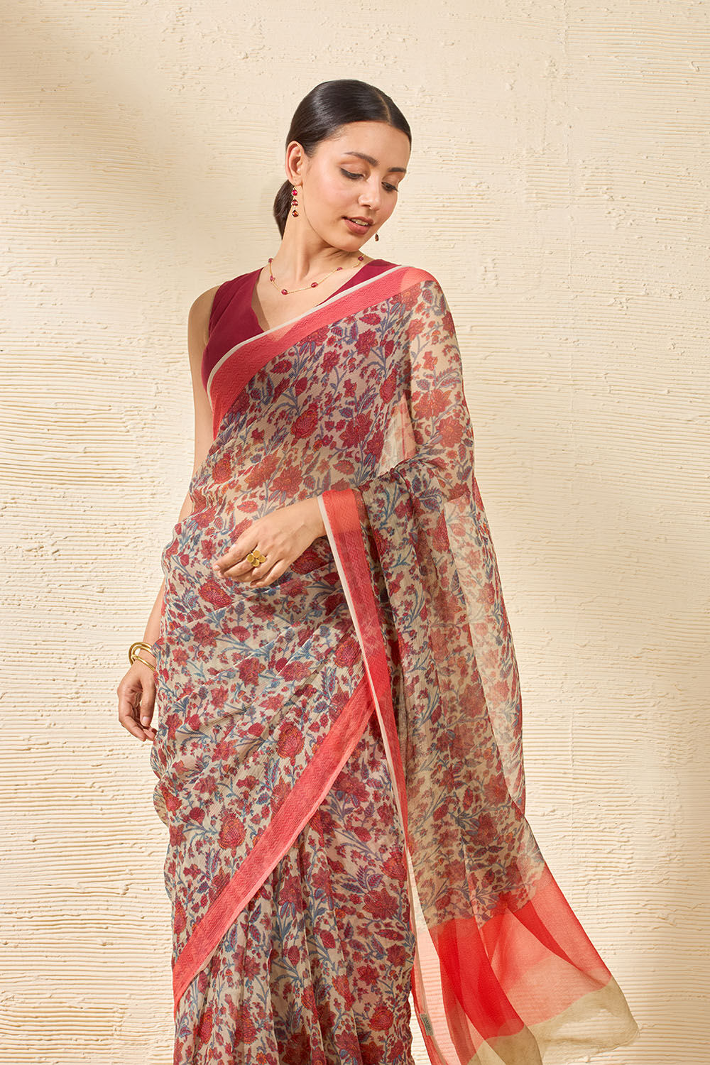 Grey Screen Printed Viscose Chiffon Saree image number null