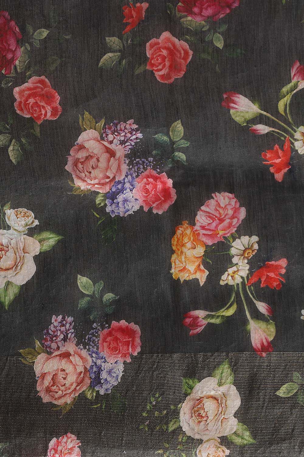 Black Pure Silk Linen Digital Printed Saree image number null
