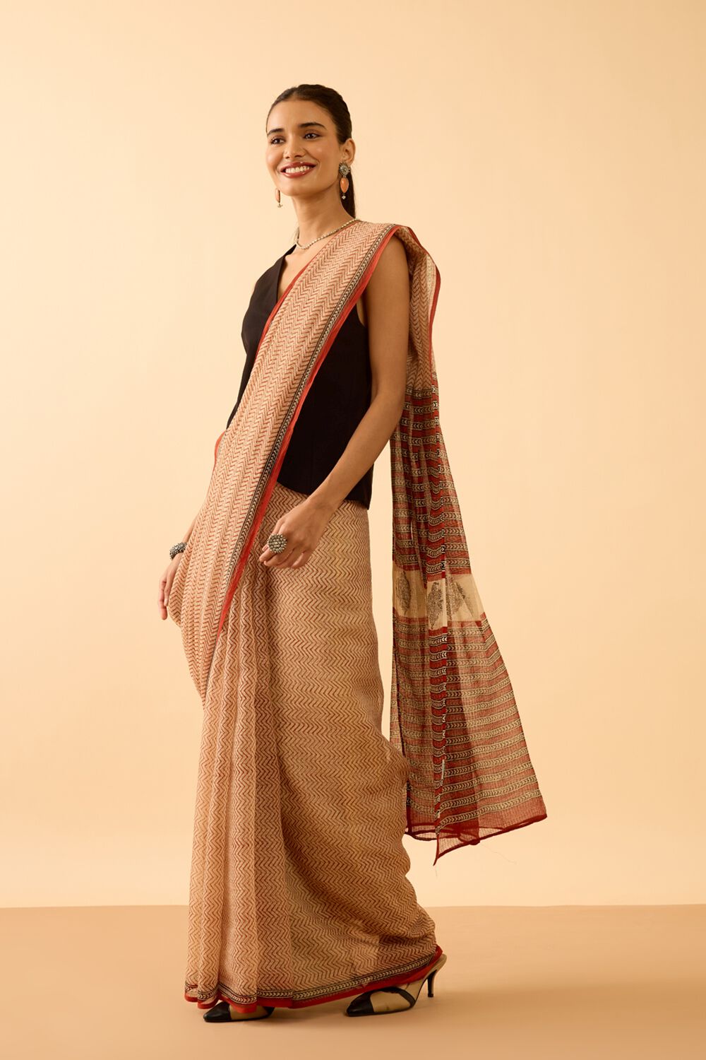 Beige Bagru Block Printed Pure Cotton Kota Saree image number null