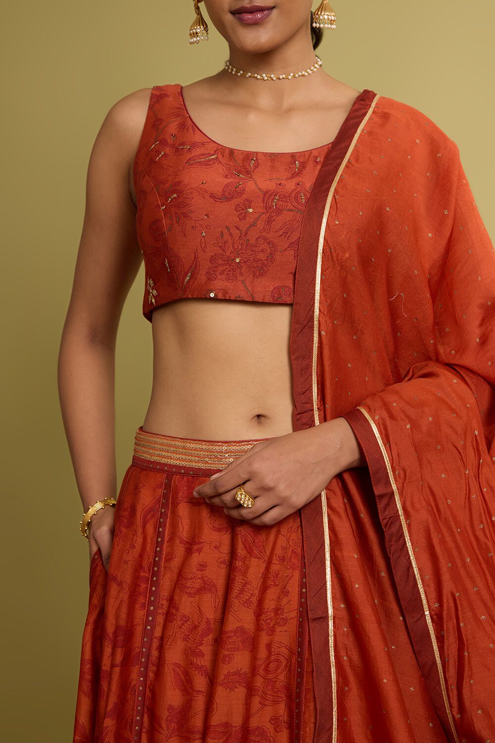 Dark Orange Rajasthan Pure Silk Cotton Printed Embroidery Lehenga image number null