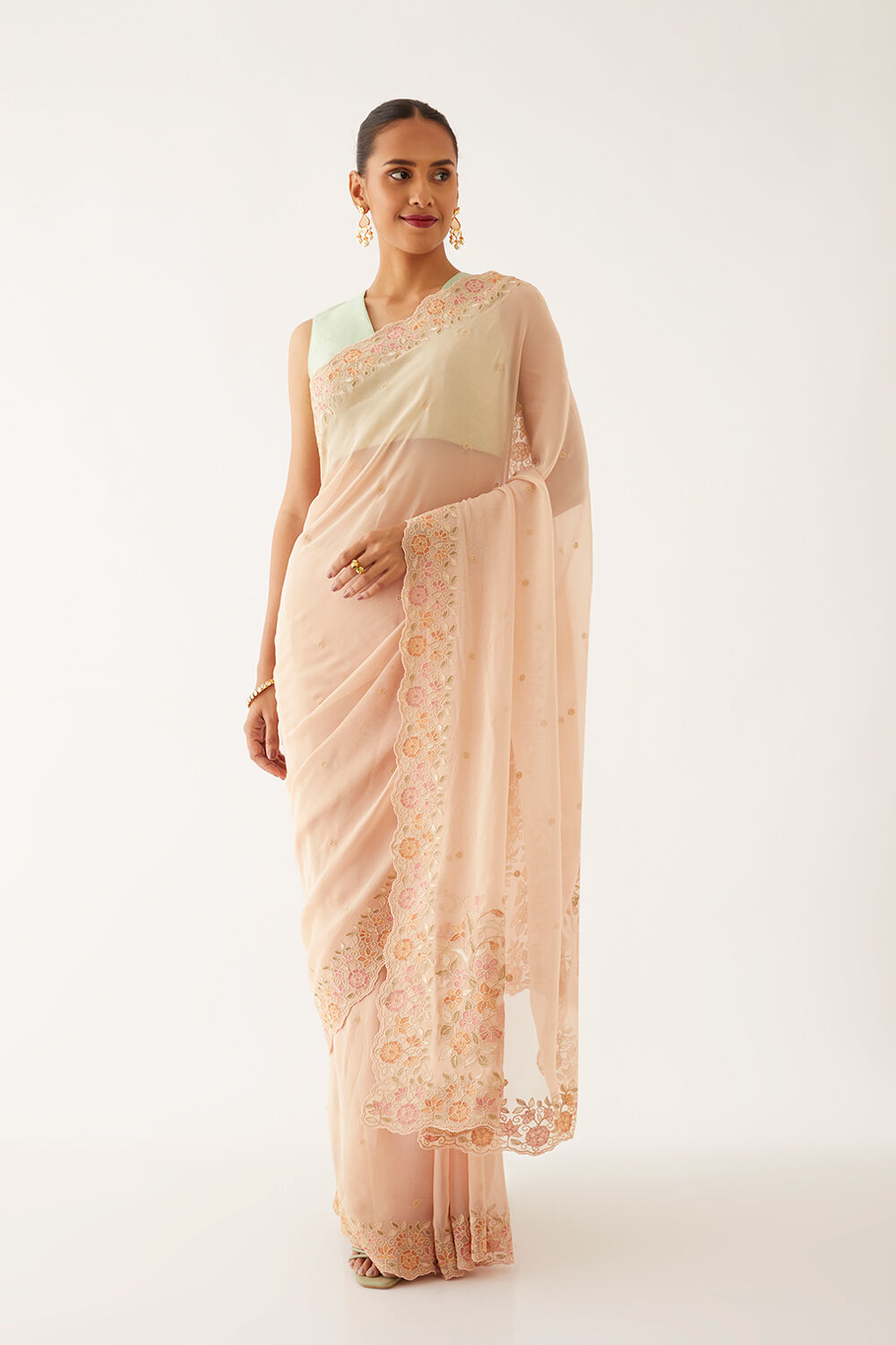 Light Beige Viscose Georgette Embroidered Saree image number null