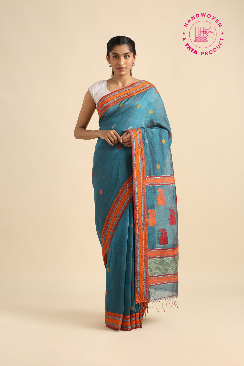 Green Pure Silk Linen Bengal Saree image number null