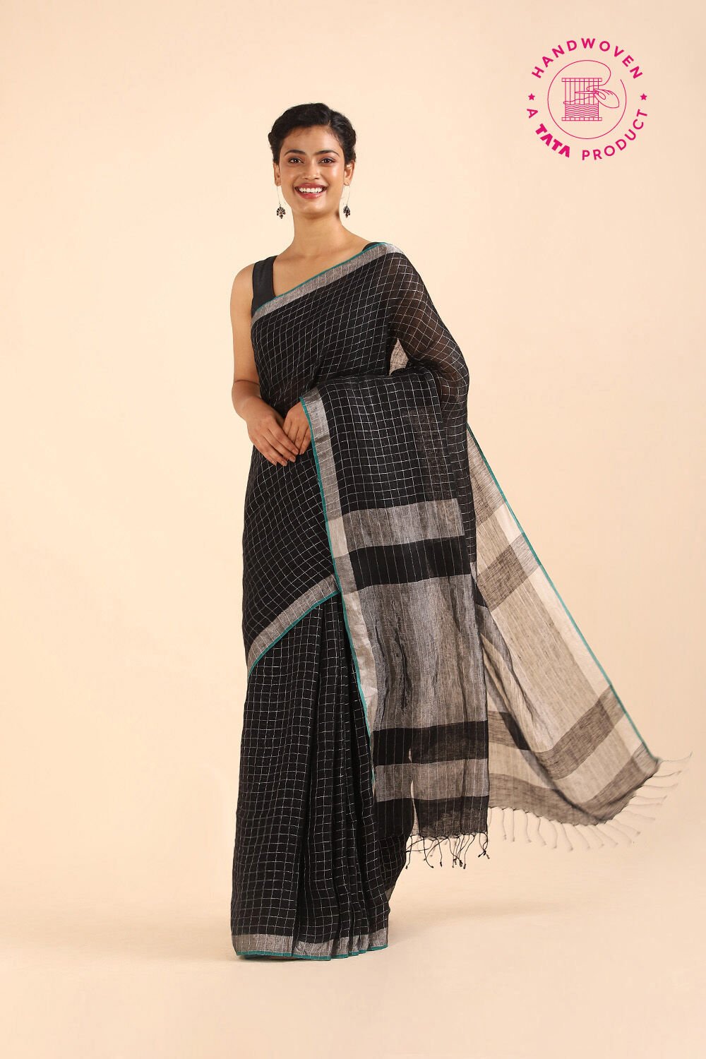 Black Pure Linen Bengal Saree image number null