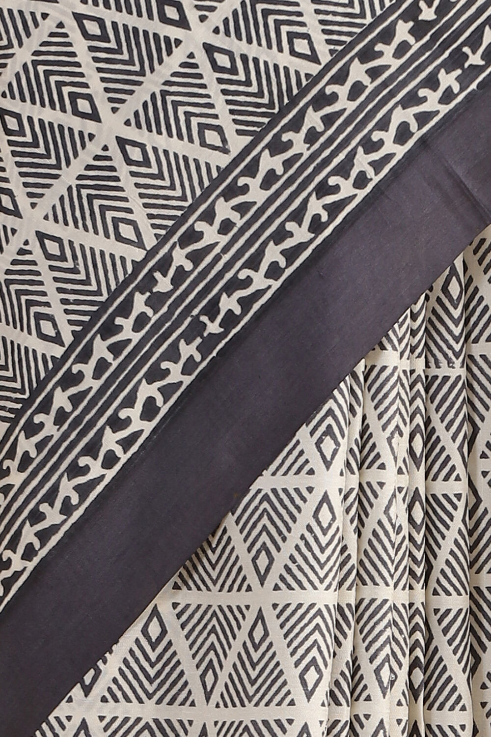 Off White Hand Blockprinted Pure Silk Saree image number null