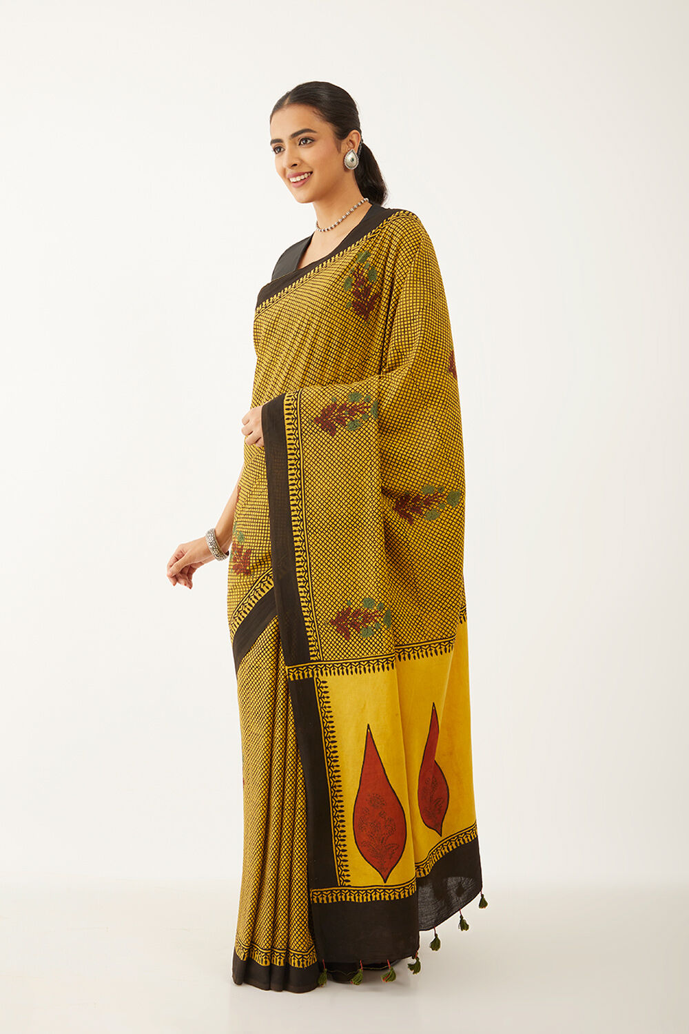 Yellow Pure Cotton Ajrakh Block Print Saree image number null