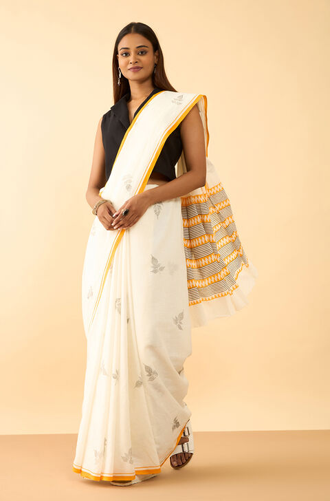 Off White Maharashtra Printed Khadi Cotton Saree