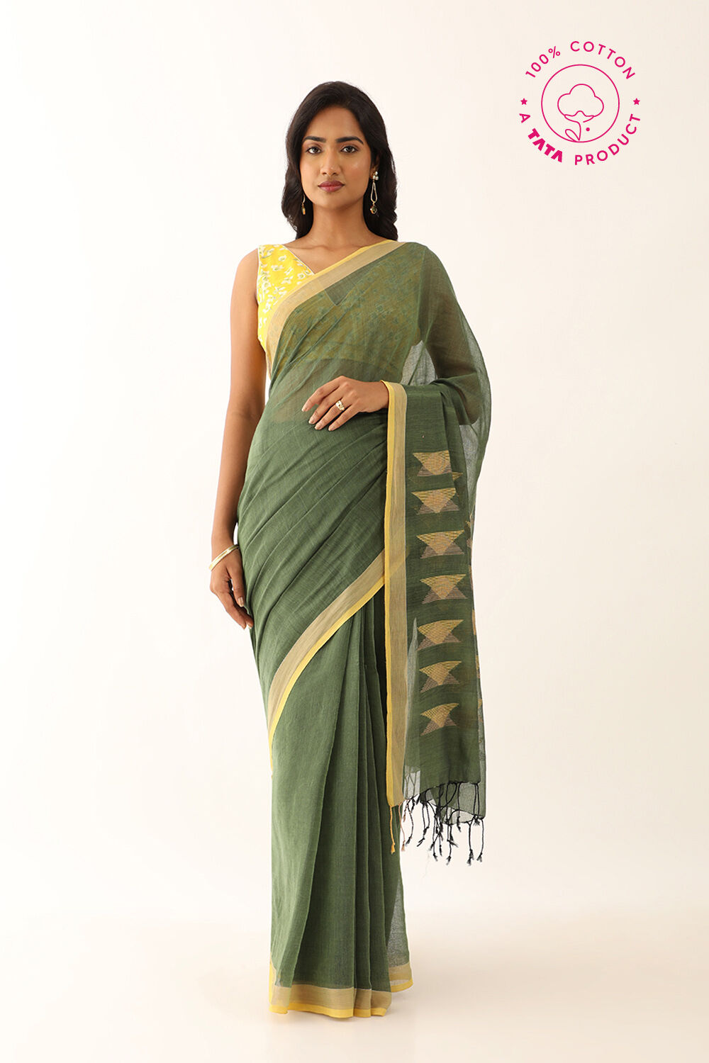 Green Pure Cotton Woven Bengali Saree image number null