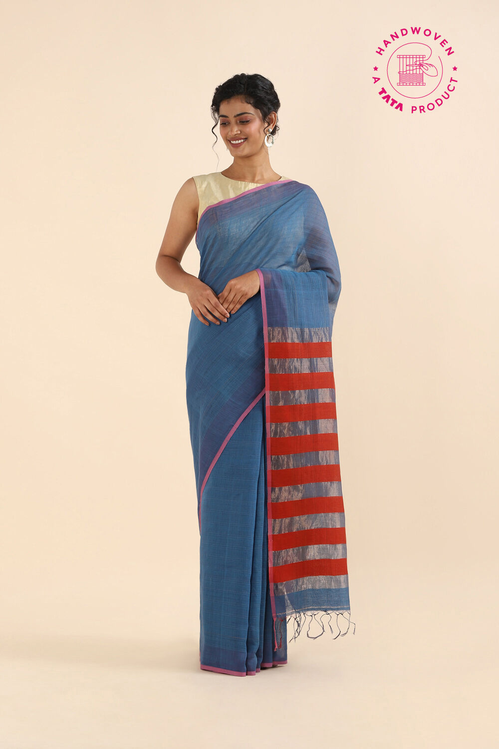 Blue Pure Silk Linen Bengal Saree image number null