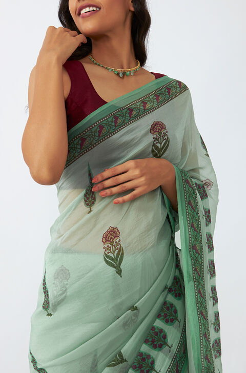 Light Green Viscose Organza Printed Saree
