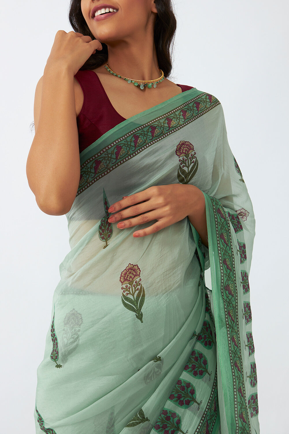Light Green Viscose Organza Printed Saree image number null