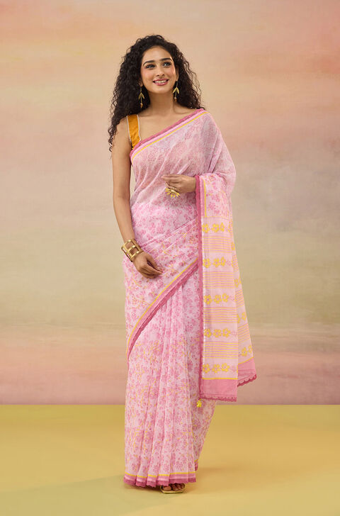 Light Pink Bengal Block Printed Pure Cotton Kota Saree