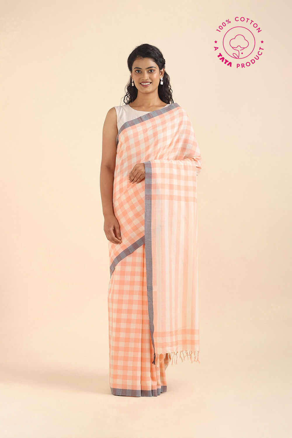 Light Orange Pure Cotton Bengal Saree image number null