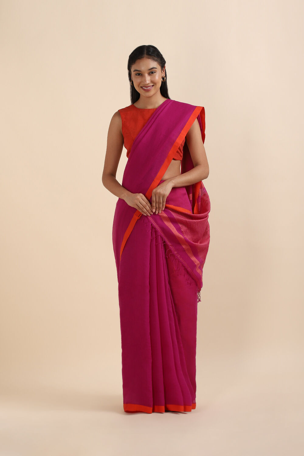 Dark Pink Pure Silk Cotton Bengal Saree image number null