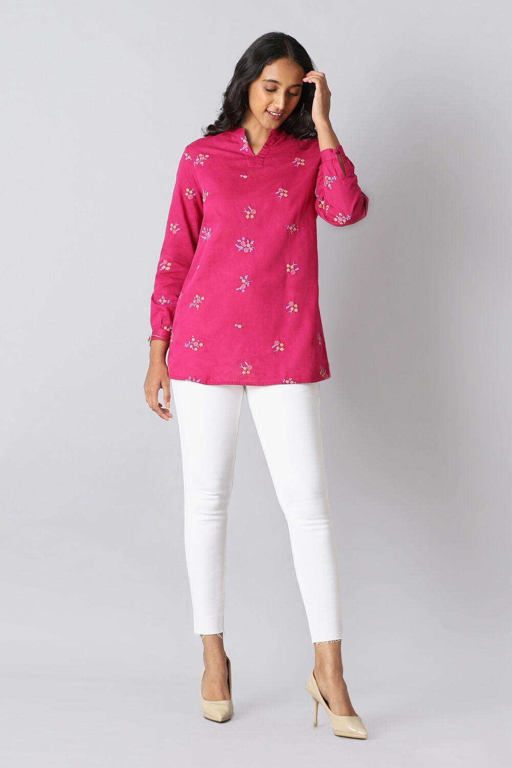 Dark Pink Linen Embroidered Kurta image number null