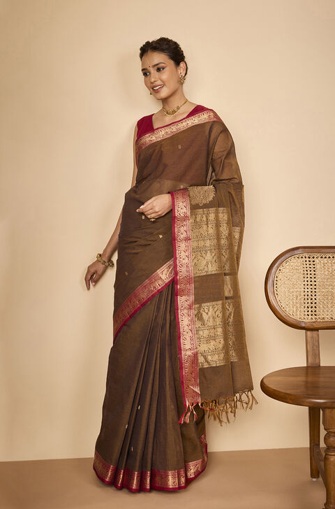 Brown  Woven Pure Cotton Saree