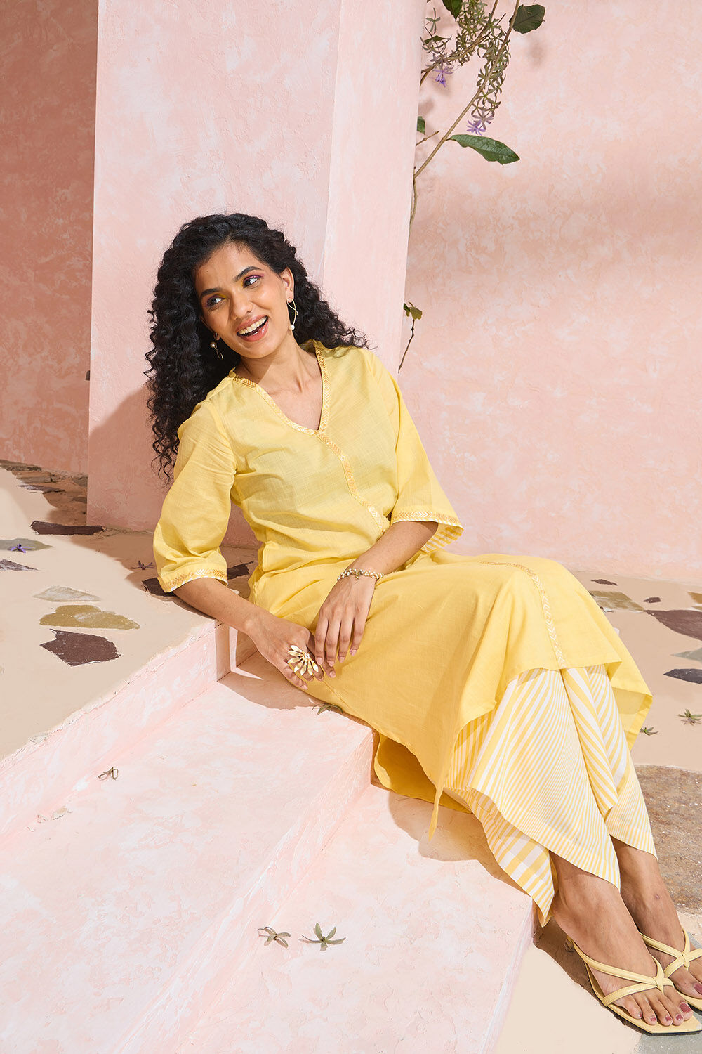 Yellow Pure Cotton Embroidered Kurta Set image number null