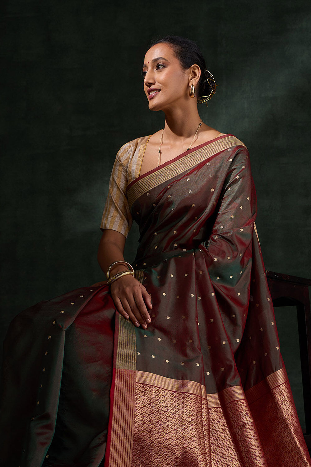 Dark Green Silk Viscose Cutwork Saree image number null