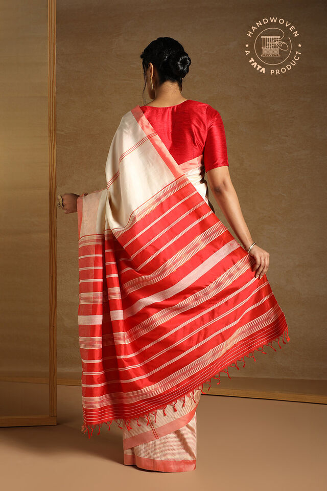 Off White Pure Silk Woven Bengali Saree