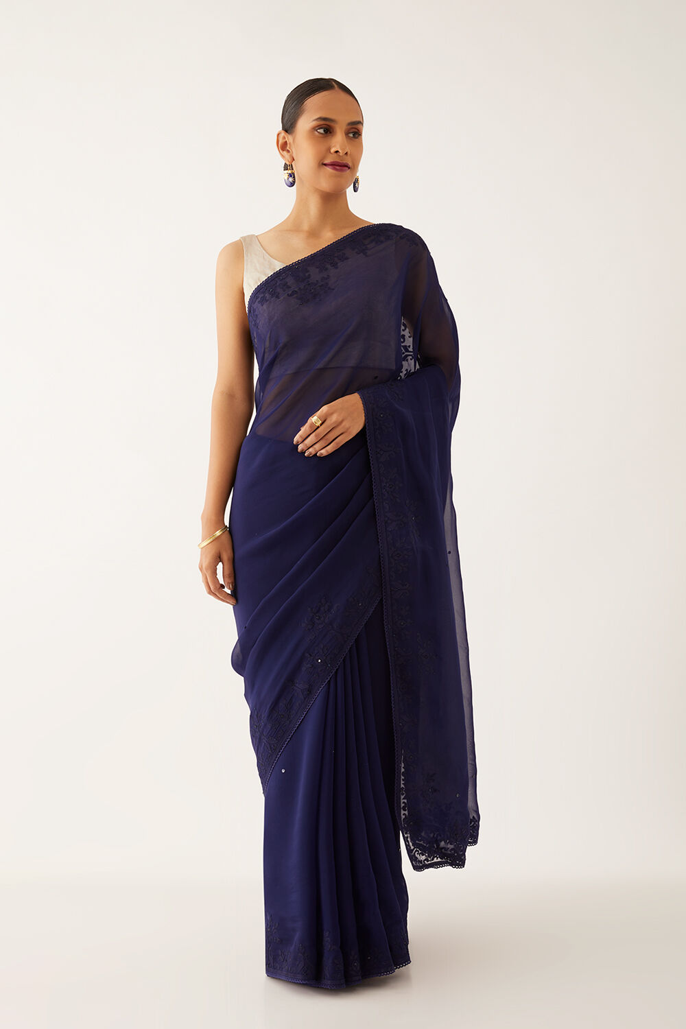 Blue Viscose Organza Applique Saree image number null