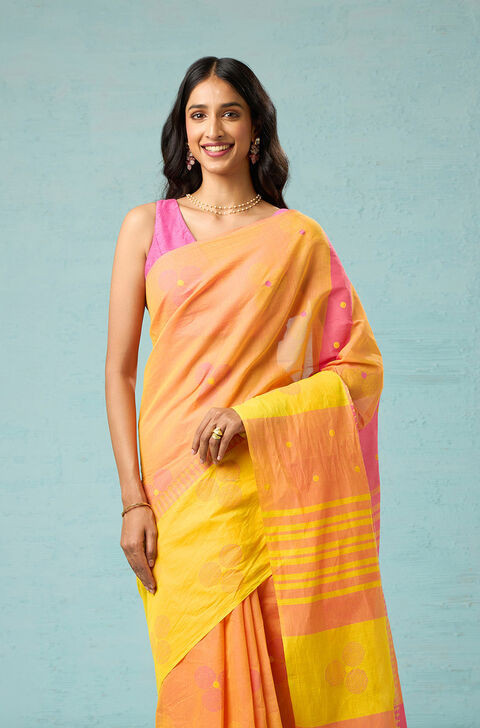 Yellow Rajasthan Block Printed Pure Cotton Saree image number null