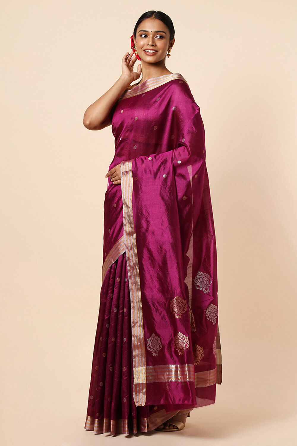 Dark Pure Pink Silk Chanderi Saree image number null