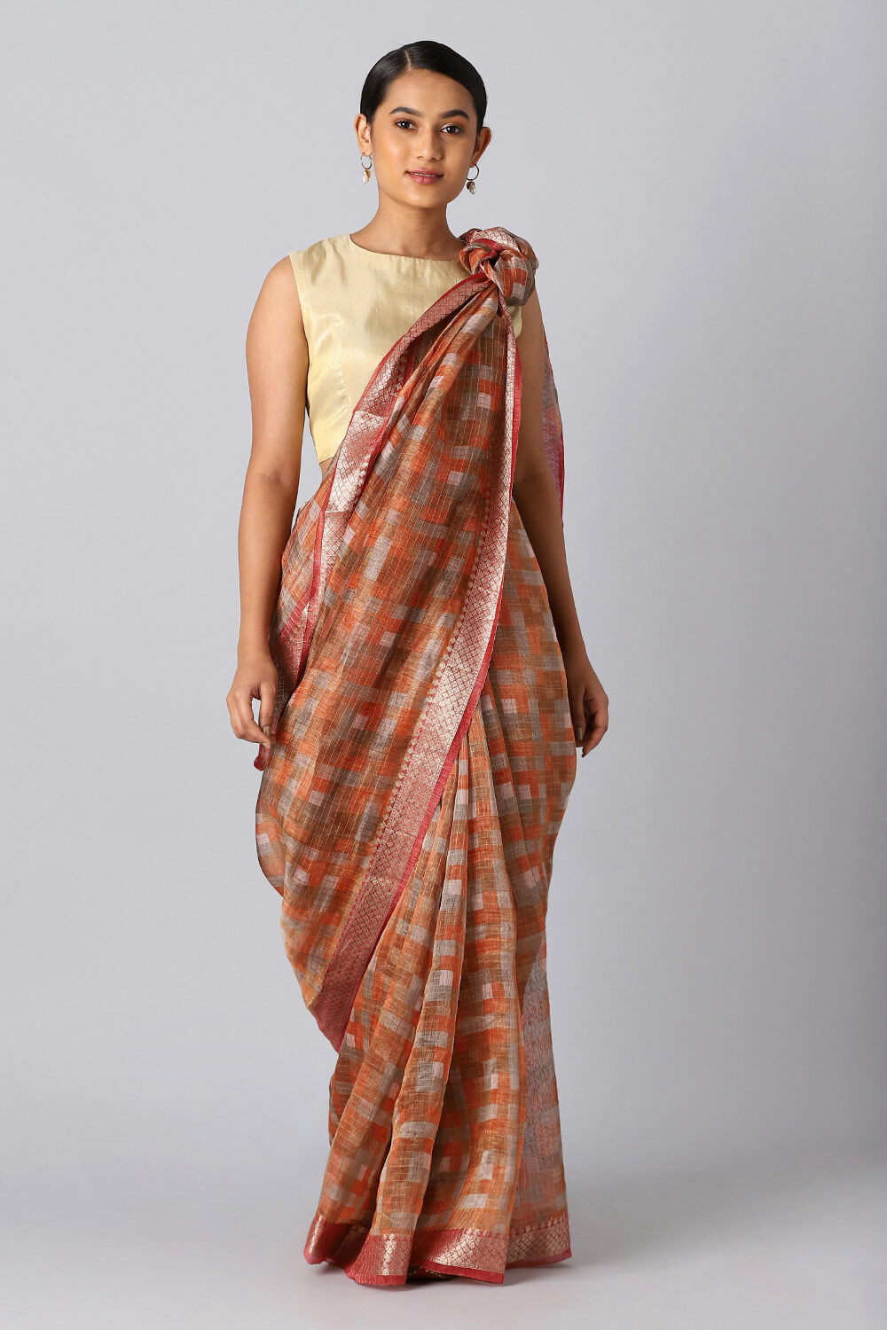 Light Orange Pure Silk Linen Digital Printed Saree image number null