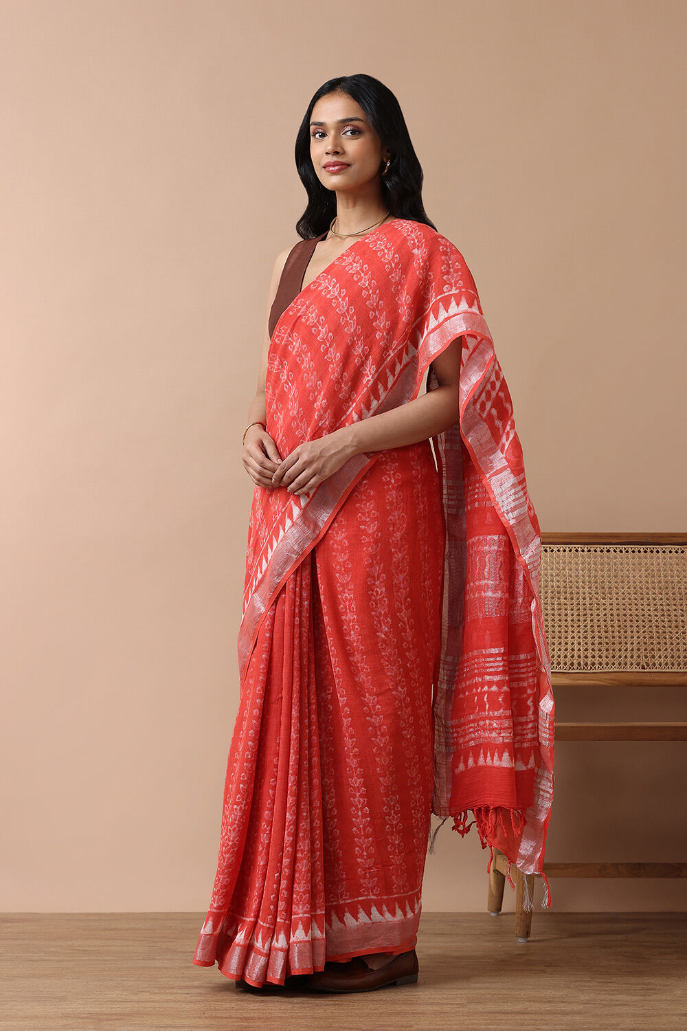 Light Red Cotton Viscose Rajasthan Block Printed Saree image number null