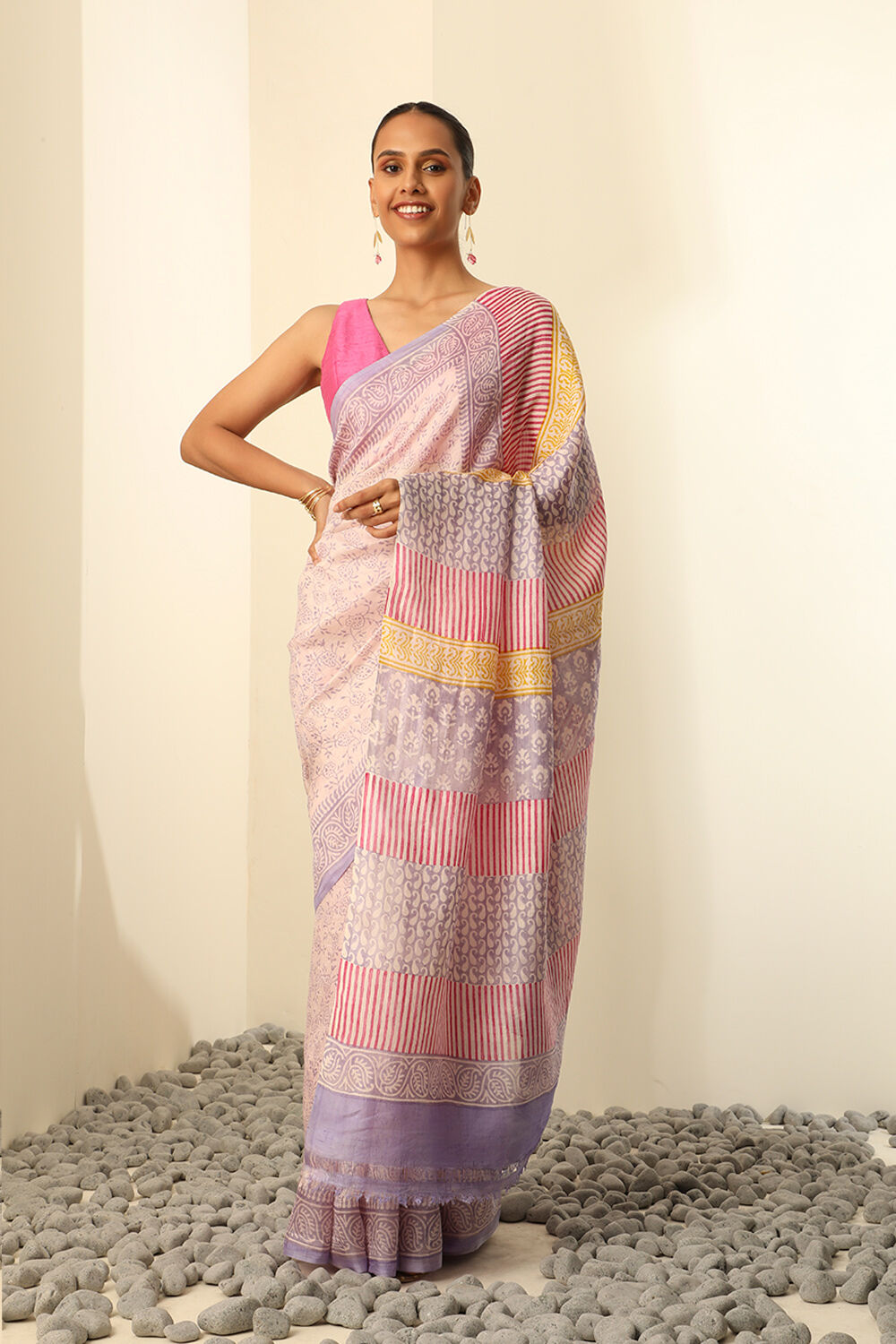 Light Pink Pure Silk Block Printed Saree image number null