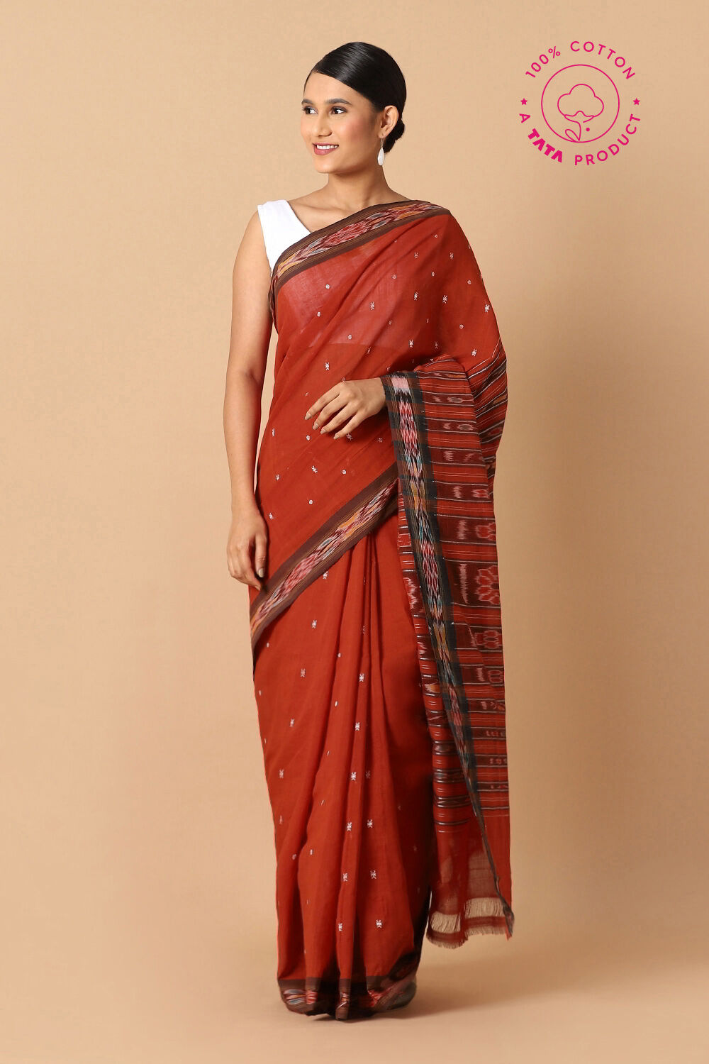 Dark Pure Orange Cotton Sambalpuri Ikat image number null