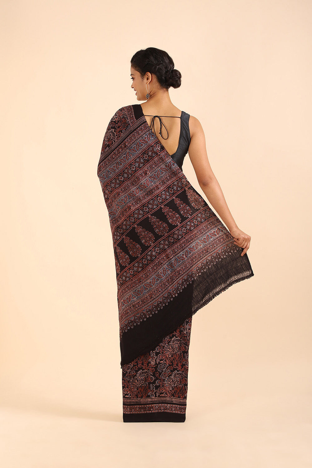 Black Pure Khadi Cotton Ajrakh Printed Saree image number null
