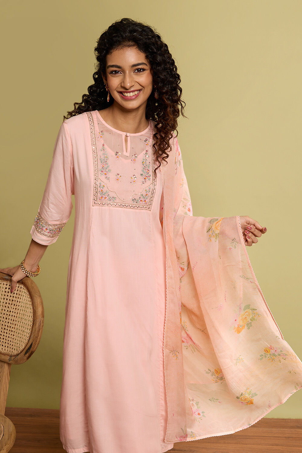 Light Pink Viscose Embroidered Kurta Set image number null