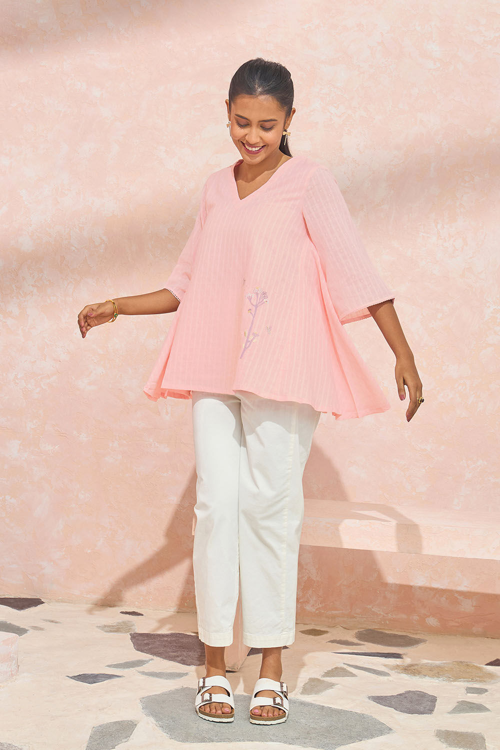 Light Pink Pure Cotton Embroidered Short Top image number null