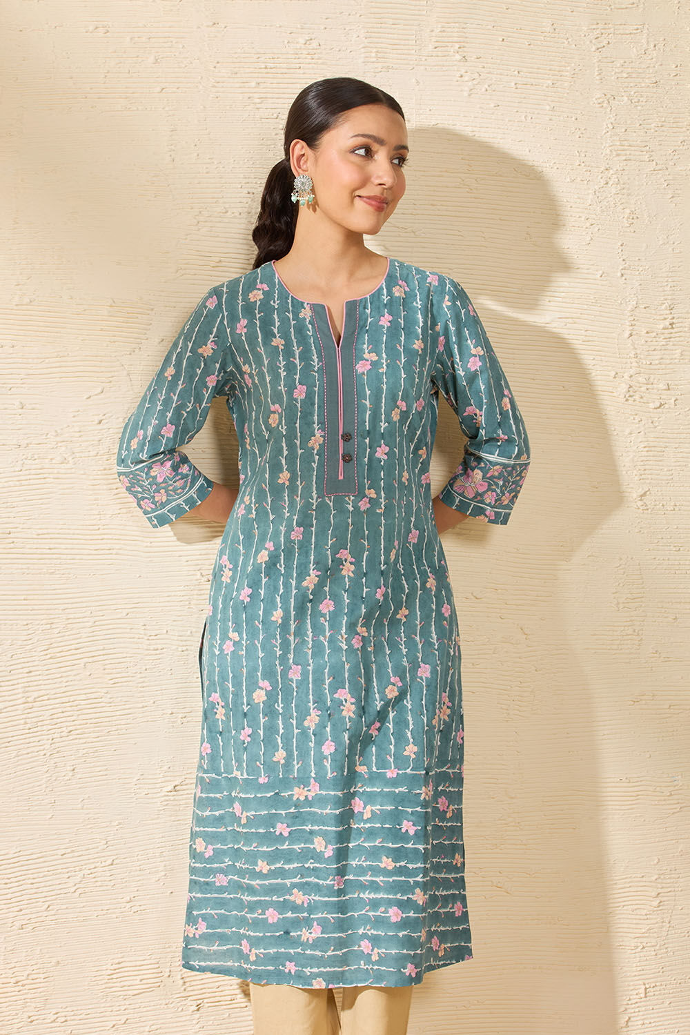 Dark Green Sanganeri Block Printed Pure Cotton Kurta image number null